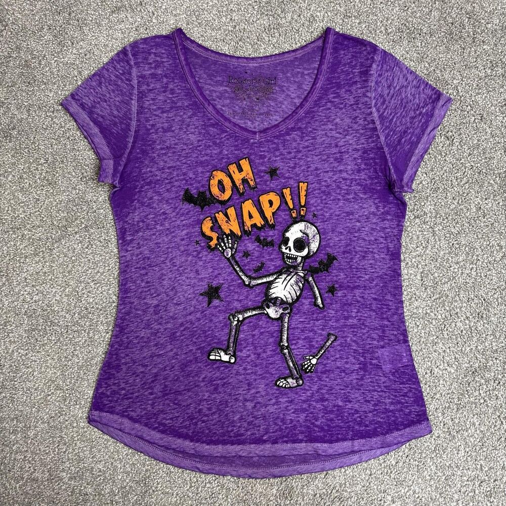 Rocker Girl Shirt Juniors L Purple Oh Snap Skeleton V Neck Halloween Burnout Tee